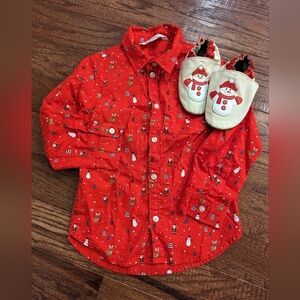 Robeez Snowman Crib Shoes sz 18-24 & H&M Christmas print shirt, 3/4 fits 18-24